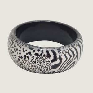 Vintage Animal Print Bangle Bracelet Wide Lucite Black White Zebra Leopard Resin